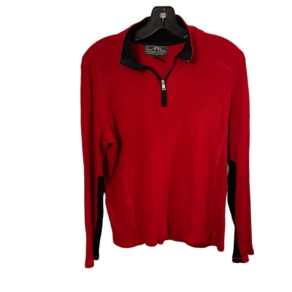 LRL Ralph Lauren Women's Red  Waffle Knit Sweater L/S 1/4 Zip Pullover Sz L